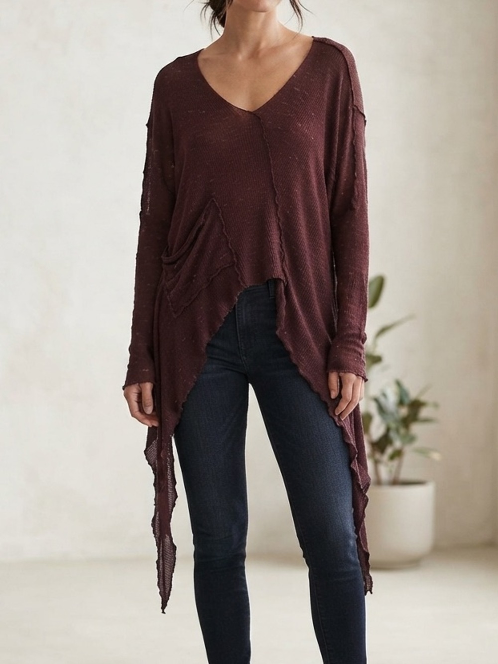 Kaliyana Sz M Linen Rayon Maroon Lagenlook Minimalist Asymmetrical Sweater